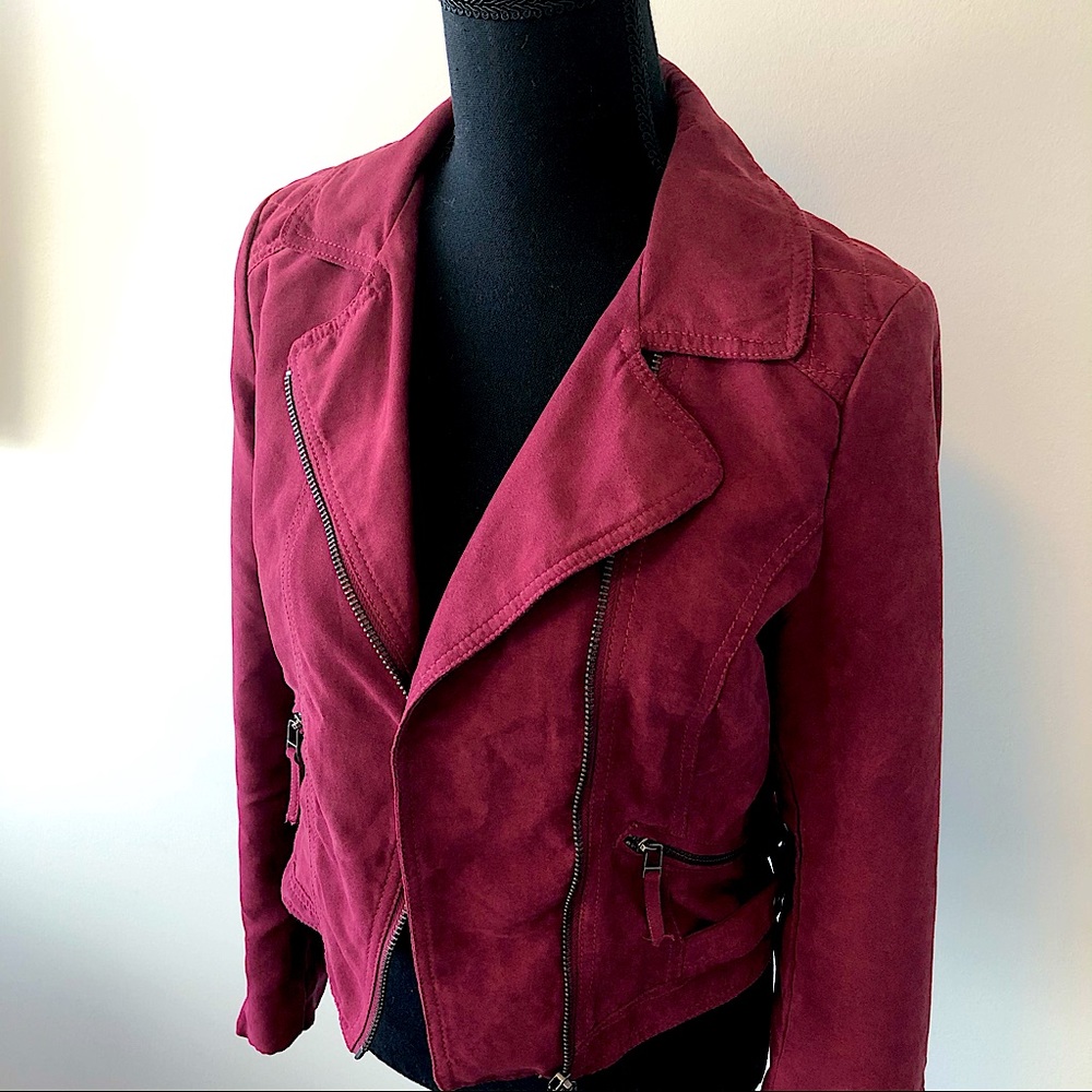 Burgundy faux suede biker jacket